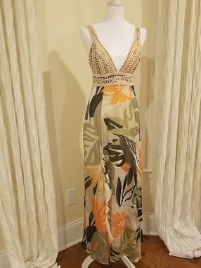 NEW Guess Eco Serena Lace Ruffle Adjustable Strap Tropical Maxi Boho Dress Sz XS
